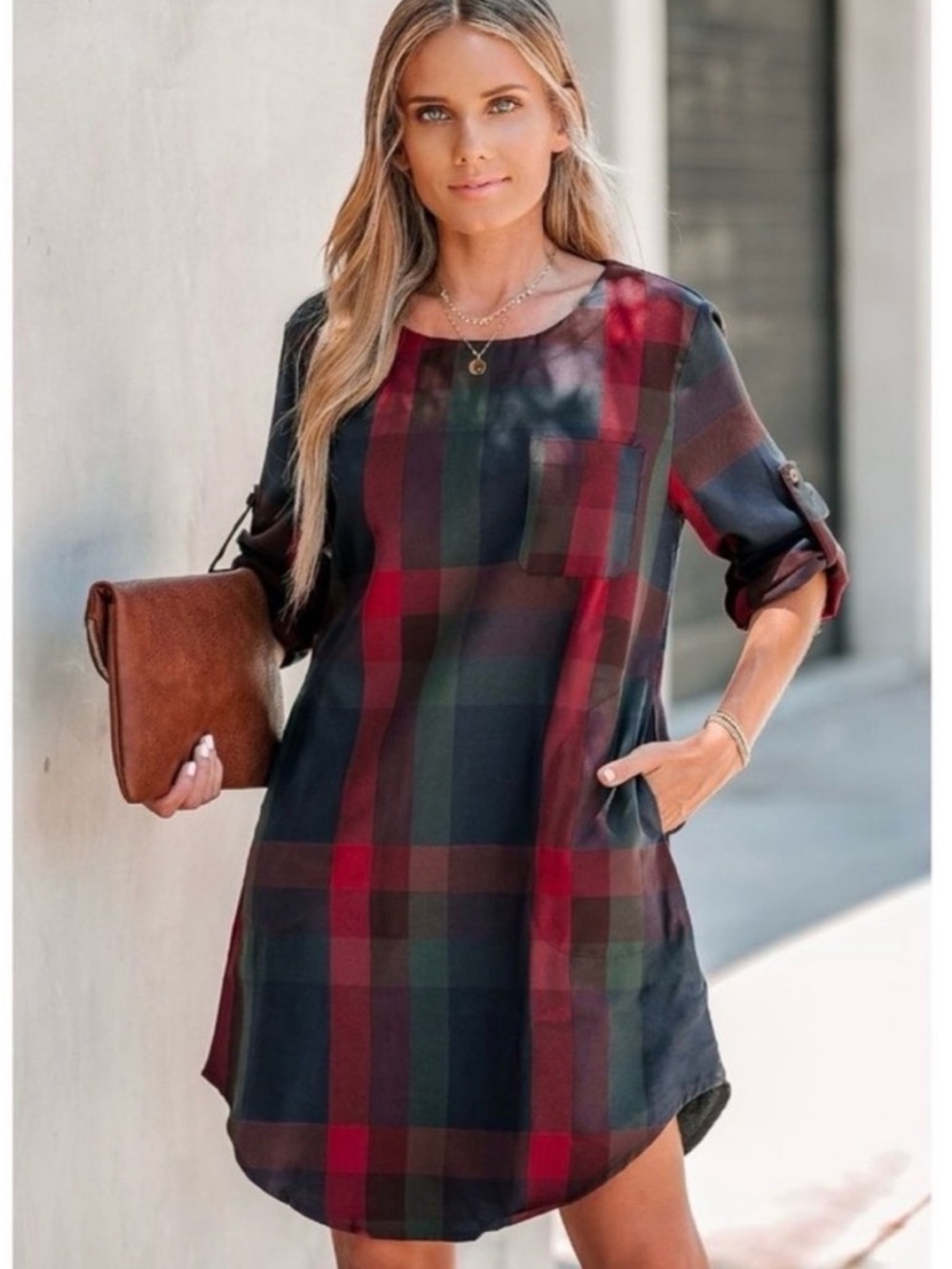 Cupshe Burgundy and Green Plaid Shift Dress